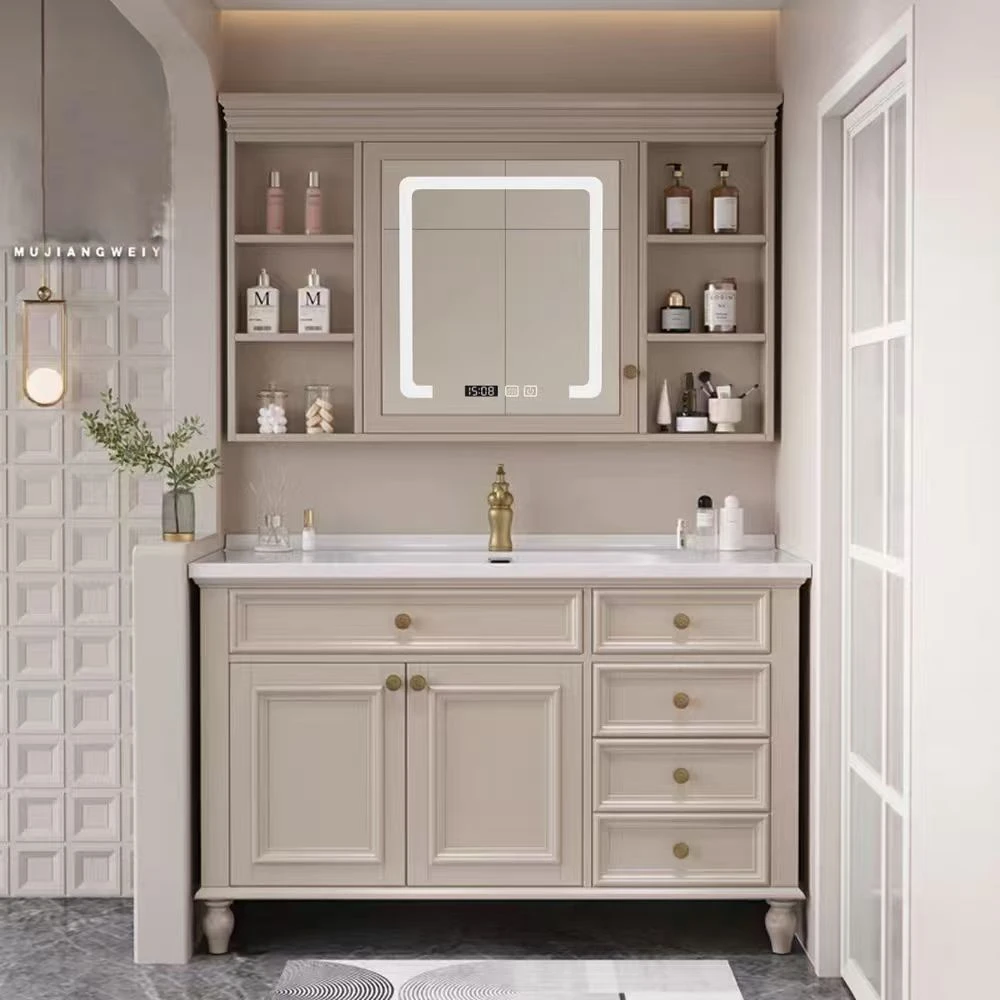 美式实木烤漆陶瓷一体盆浴室柜组合卫生间洗脸盆洗漱台卫浴柜定制