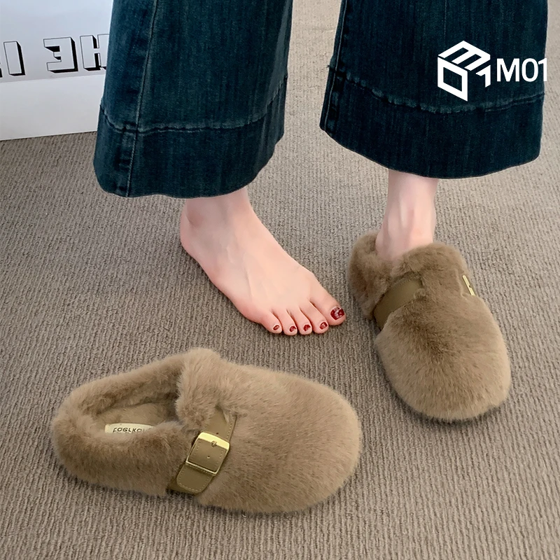 M01厚底加绒勃肯鞋包头半拖鞋女外穿秋冬新款一脚蹬毛毛鞋棉拖鞋