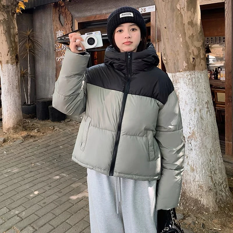 撞色款连帽加厚拼接设计感时尚短款外套K24428