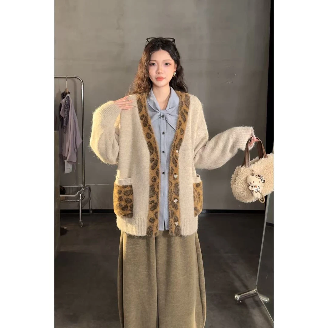 VGVL旻旻毛衣秋季新款时尚撞色豹纹毛毛毛衣外套50220