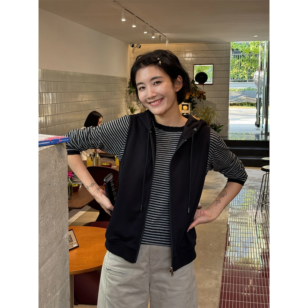 LANGQING 黑色连帽卫衣外套秋装宽松无袖叠穿马甲开衫上衣45722#