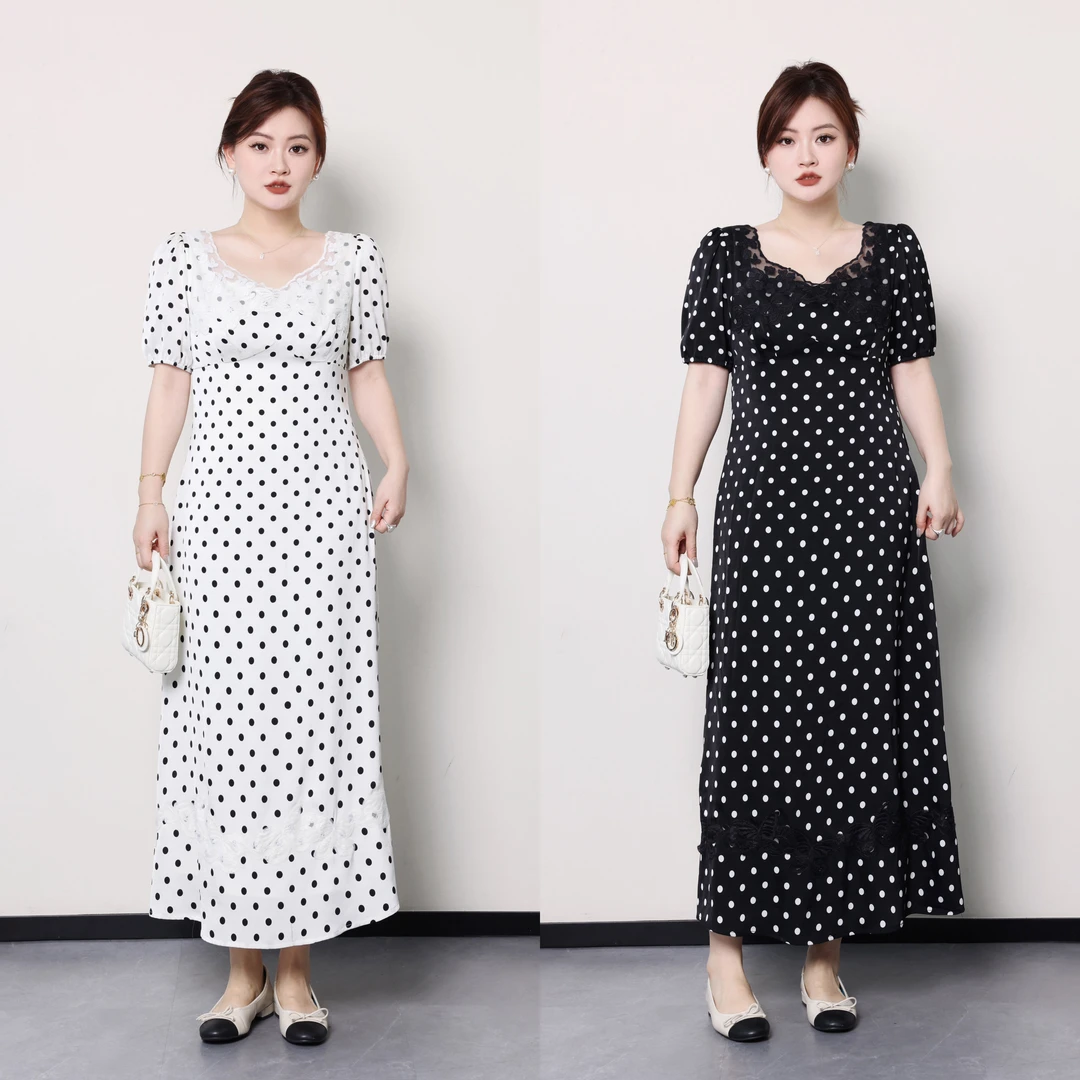 QC李潇洒【心动时刻】微胖大码女装法式浪漫波点蕾丝连衣裙ZY404L19