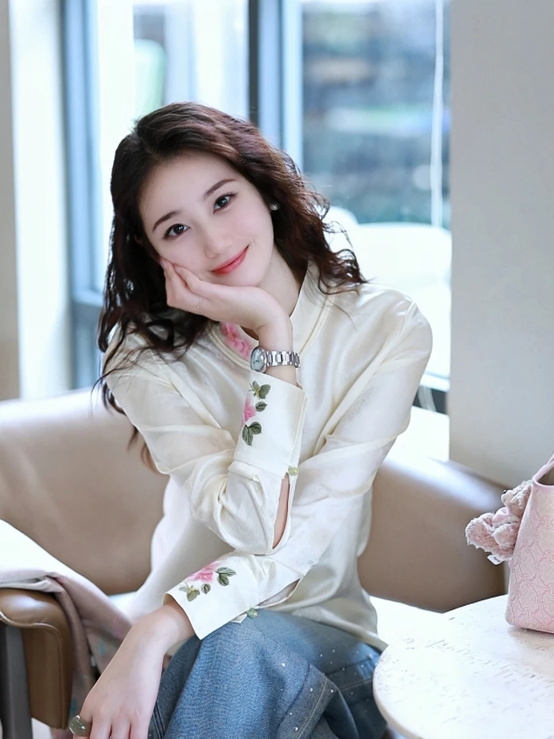 新中式中国风正肩袖刺绣衬衫时尚6455