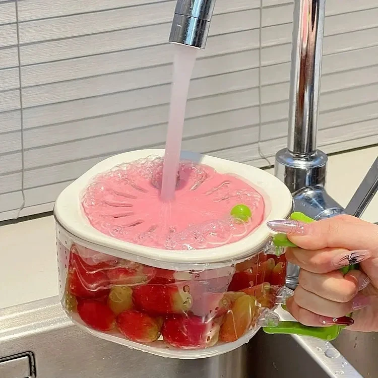 奶油风沥水篮洗果蔬神器双层带盖厨房小工具多功能果盘沥水盒果盘