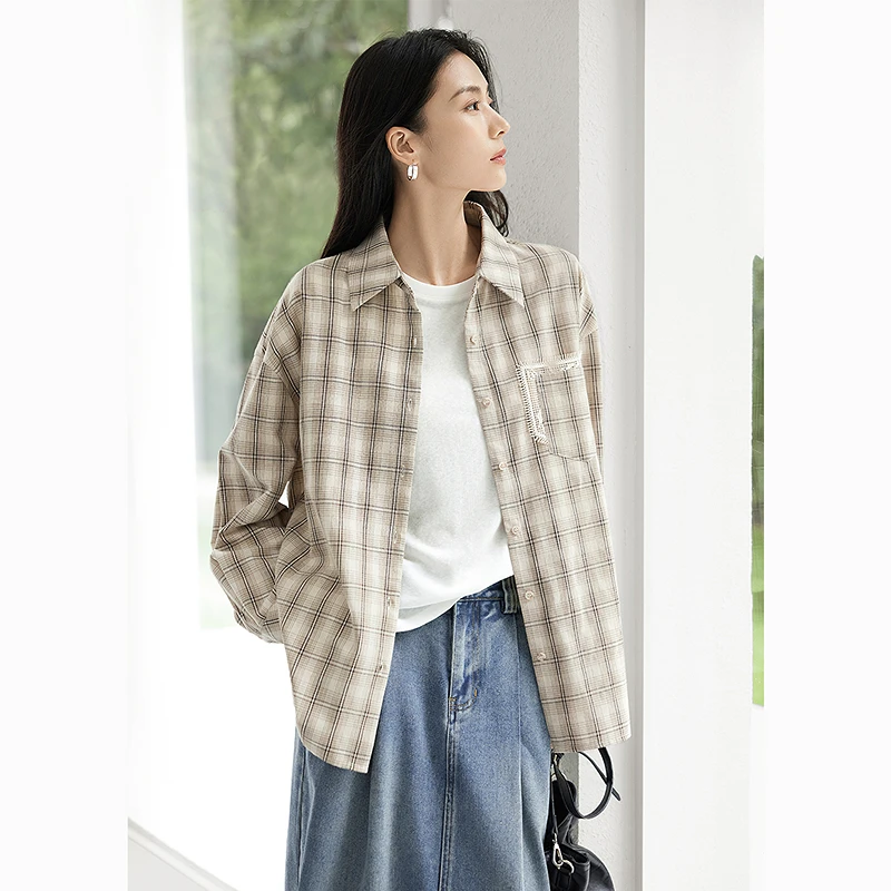 对白复古格纹宽松衬衫外套女2025秋新款衬衣蕾丝拼接独特长袖上衣