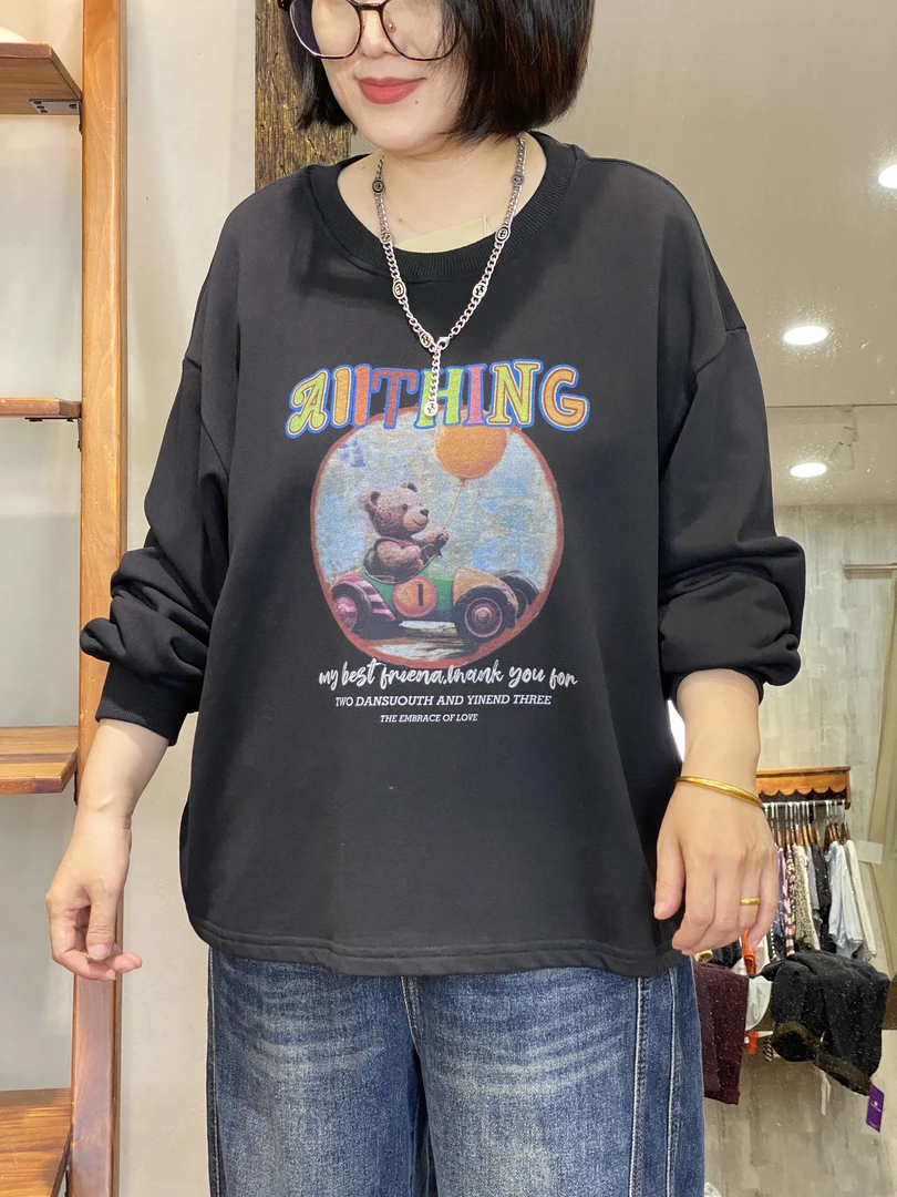 卫衣-10726大码女装秋季棉质胖MM宽松卡通印花文艺休闲百搭圆领