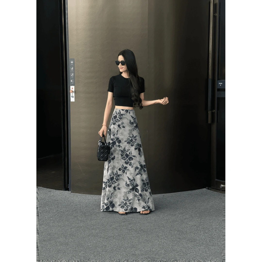 设计感复古印花优雅半身裙女夏季新款韩版气质百搭显瘦A字长裙