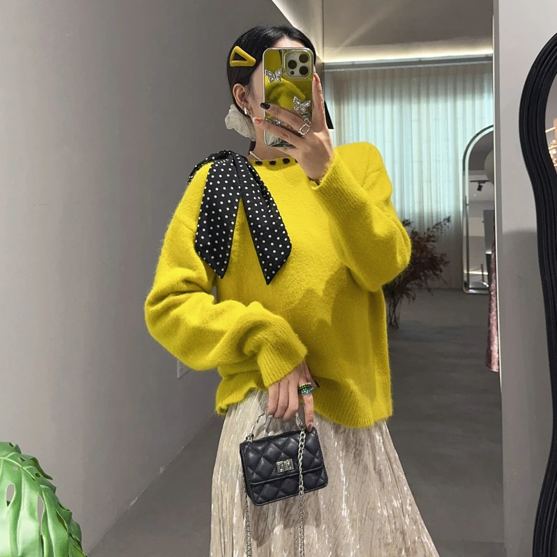 大禾【波点飘带】毛衣女设计师冬季长袖宽松显瘦气质韩版套头针织衫