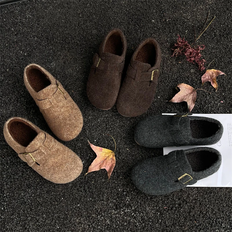 【年终清仓】复古圆头毛毡加绒勃肯鞋女加绒秋冬季一脚蹬XG5070