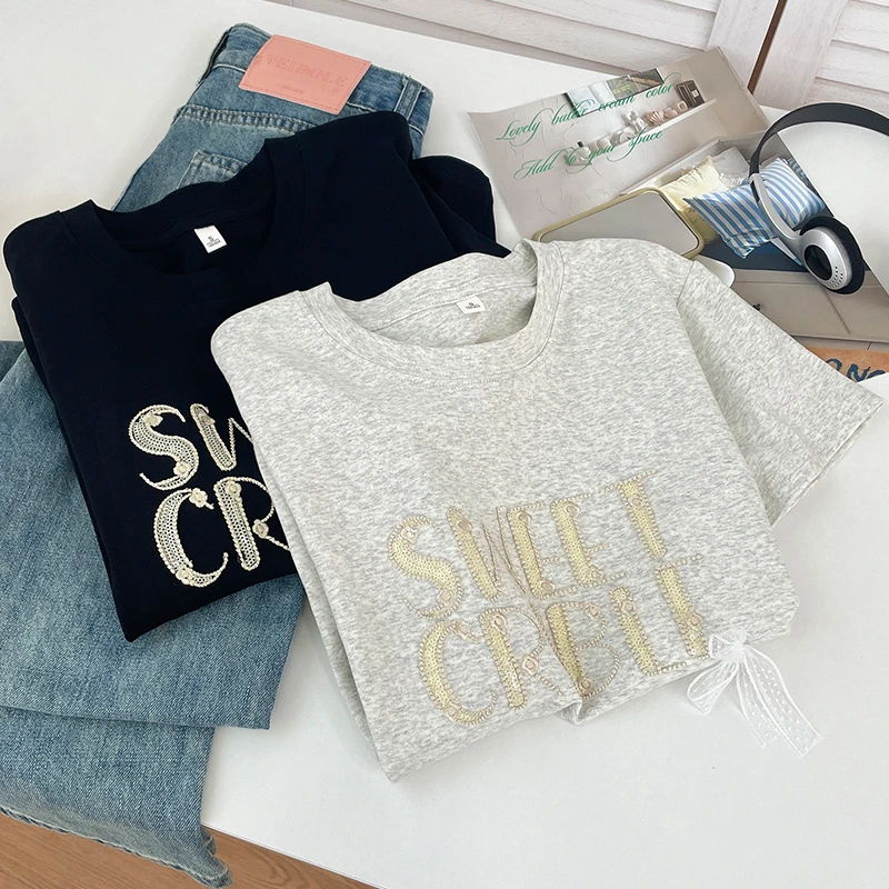 高级小众圆领短袖T恤女夏季不撞款潮流亮片刺绣字母新款显瘦上衣
