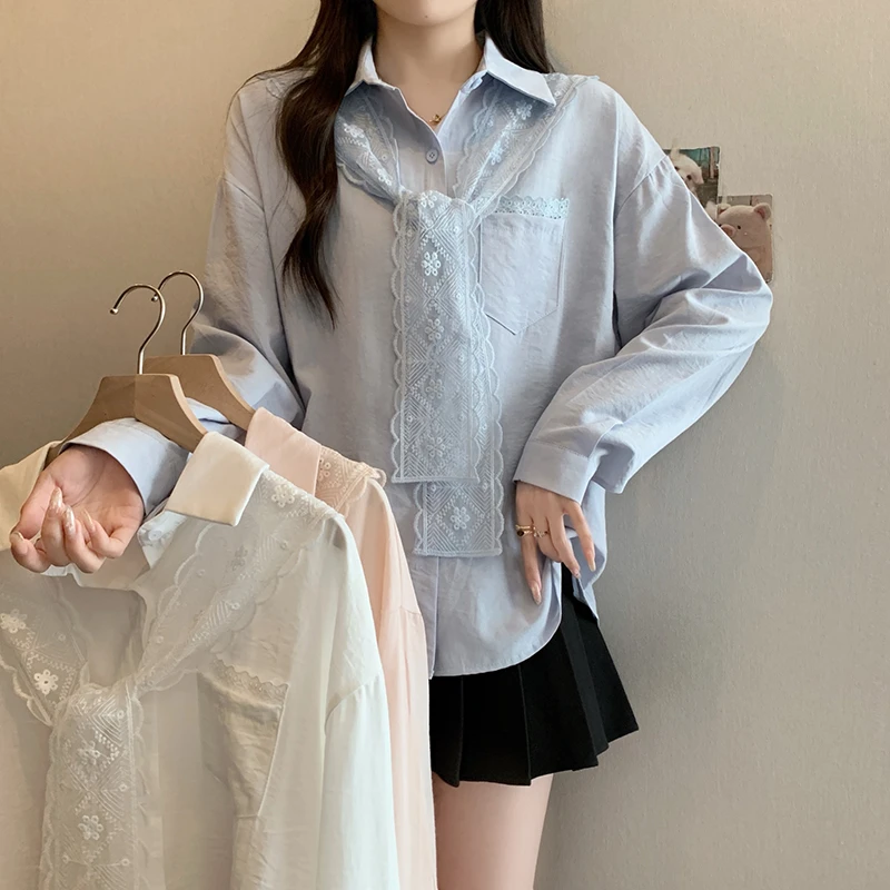 【小曹大码】春装新款女韩系甜美蕾丝披肩衬衣长袖上衣-ONL33635