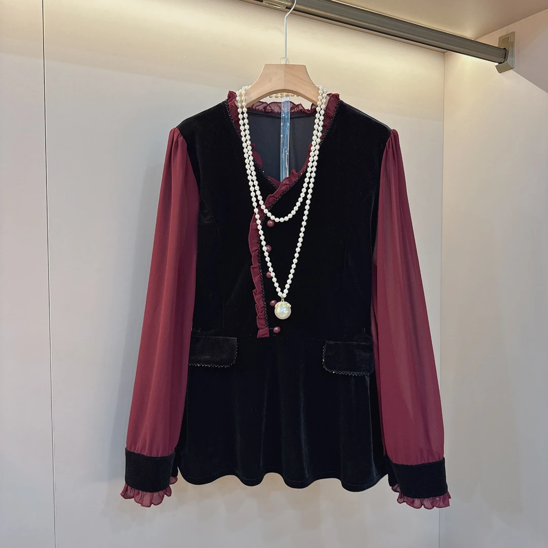 V领拼接花边丝绒拼接设计感大码女装2025新款内搭上衣显瘦早春款