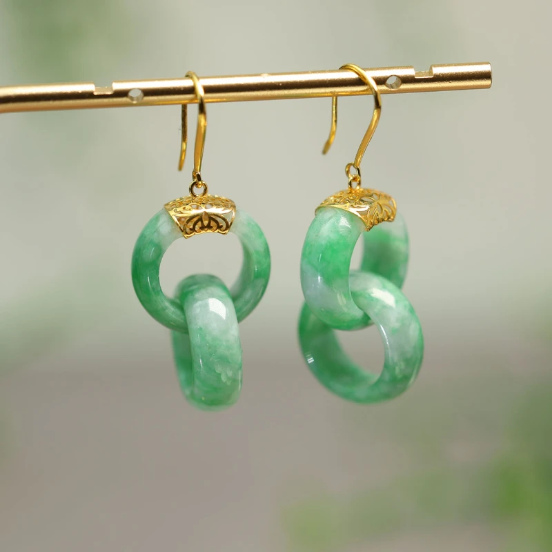 #I294 18K金镶嵌阳绿天然A货翡翠两连环耳坠耳钩款耳环