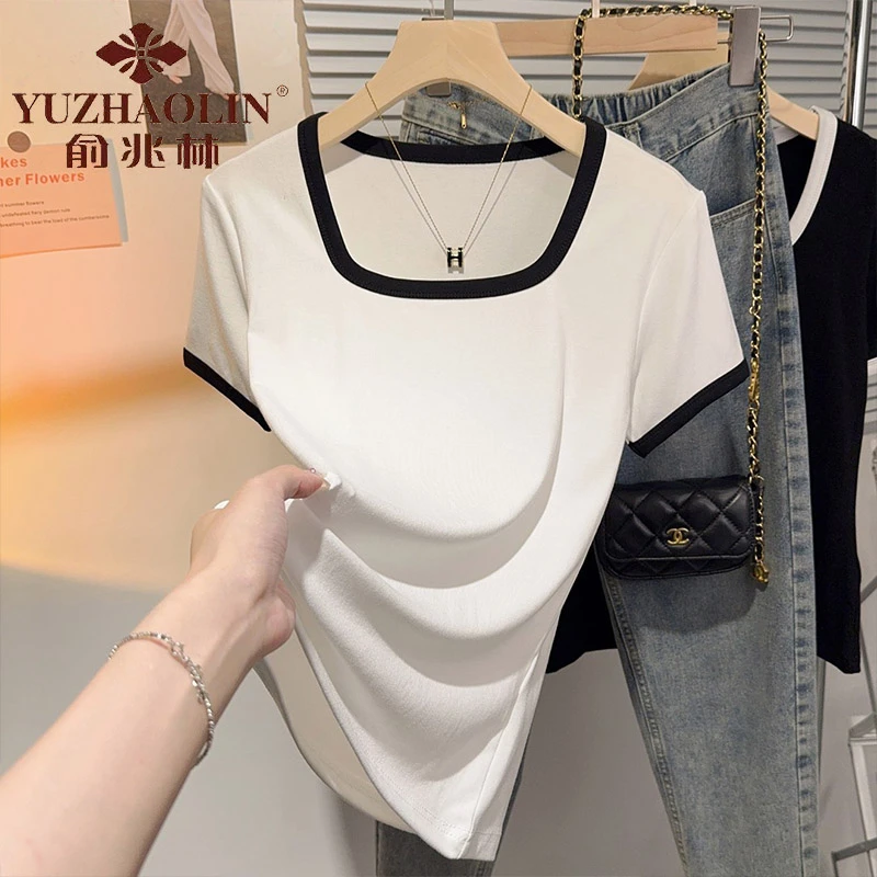 俞兆林短袖设计感小个子显瘦上衣夏 拼接撞色简约洋气修身
