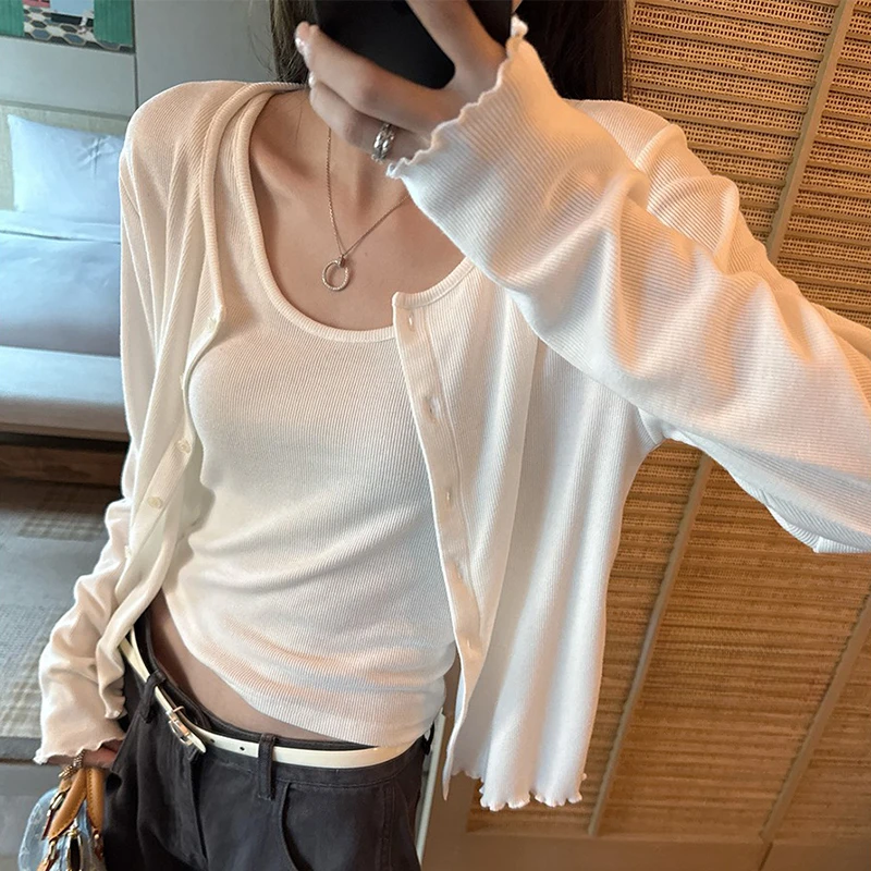 薄款韩系设计感木耳边开衫上衣坑条背心两件套慵懒感时尚百搭套装