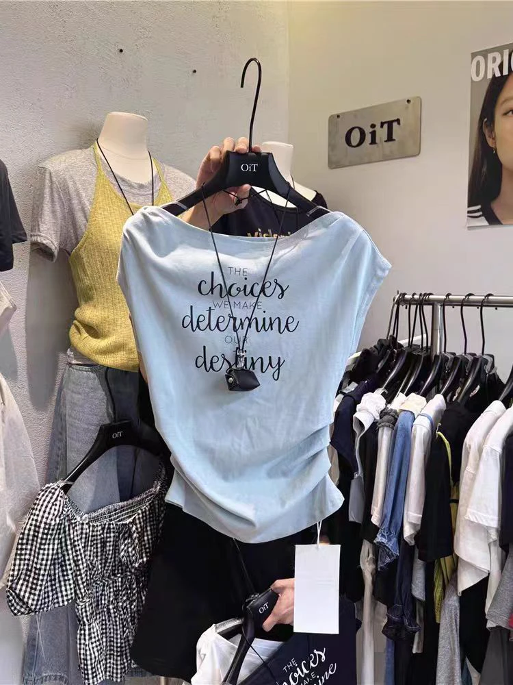 FR@F701 韩系荡荡领字母一字肩收腰小上衣 6-4