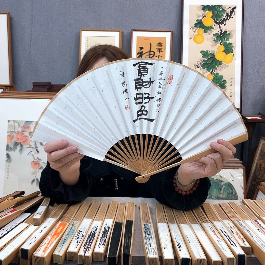 国画8寸玉竹-纯手绘-文玩扇骨（默认粘好）