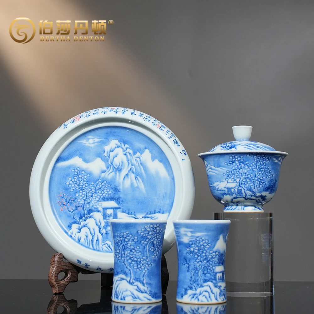 BERTHA DENTON雪夜对月雪景北派山水景德镇釉下彩手工青花手绘