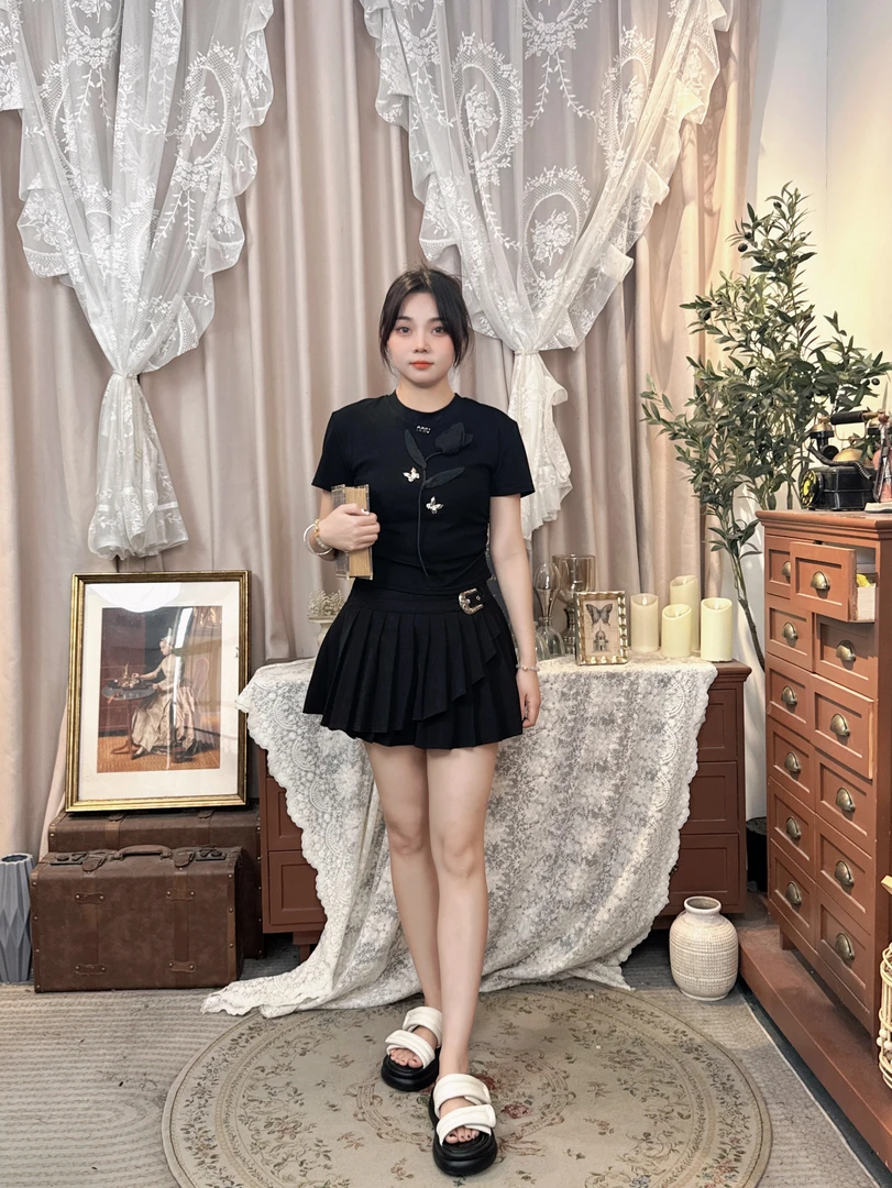 RACI然彩显瘦气质黑色夏季设计上衣BA4419+BXQ422048