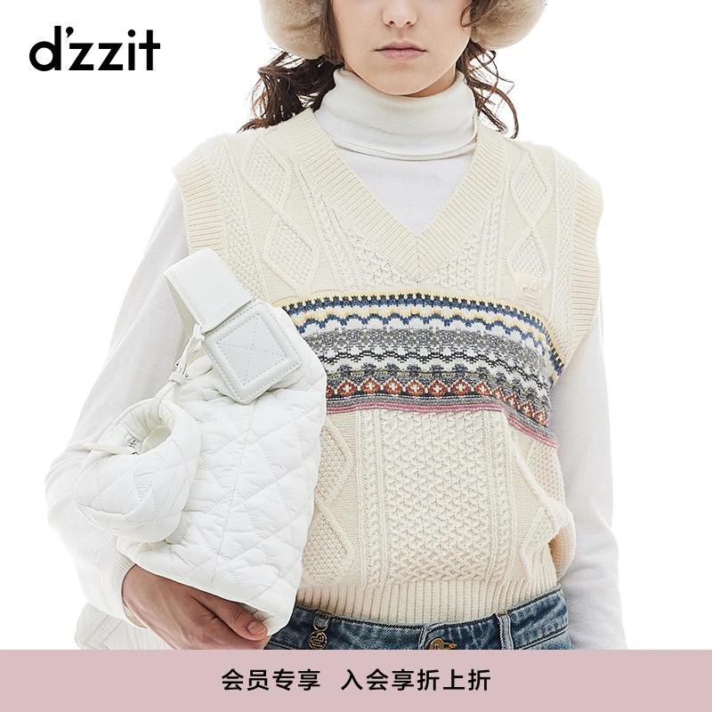 dzzit地素针织背心冬季复古费尔岛纹样绞花上衣女3I4E2019B