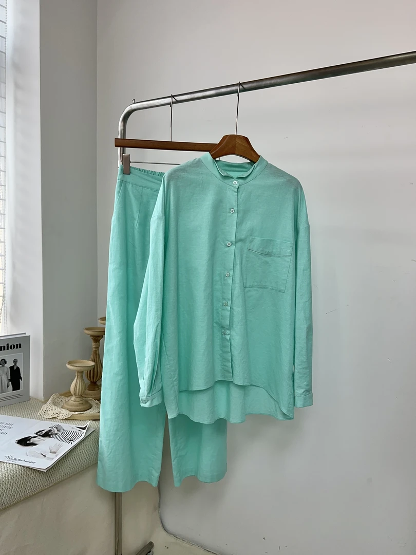 2025新款45%亚麻55%棉立领衬衫上衣长裤套装棉麻两件套装女A75819