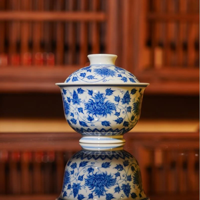 正德御窑亦然堂花卉小金宝盖碗茶具中式茶道纯手工饮茶景德镇家用