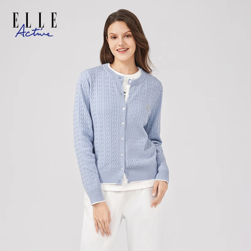 ELLE Active【含绵羊毛】圆领开衫女高智优雅针织衫保暖柔软上衣秋