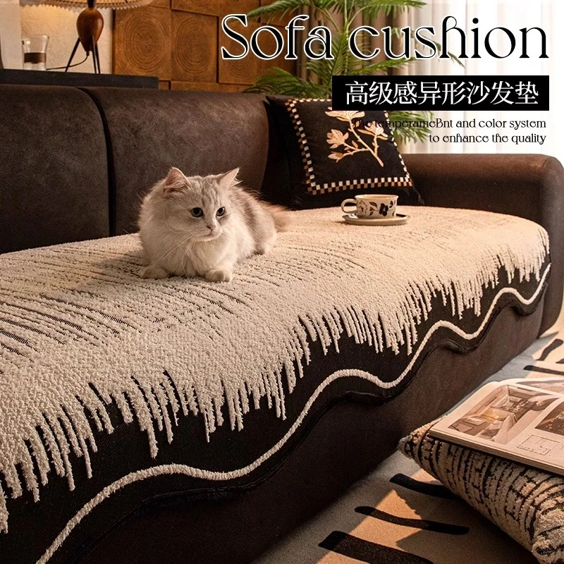线波四季通用真皮沙发垫加厚轻奢高级直排沙发垫固定防滑套罩盖布