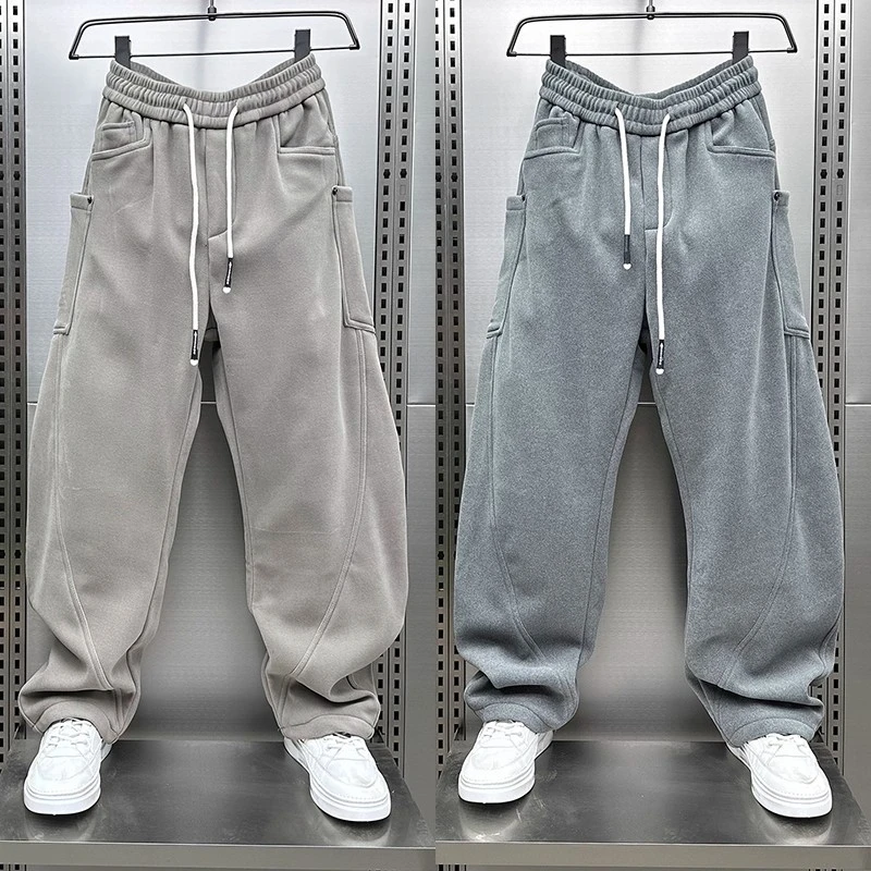 秋冬加绒直筒弯刀裤加厚纯色休闲阔腿裤男士2025痞帅大口袋运动裤