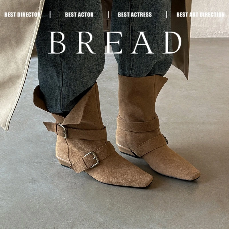 RANBEST2025新款小众设计复古法式短靴小方头西部学牛皮中筒靴女