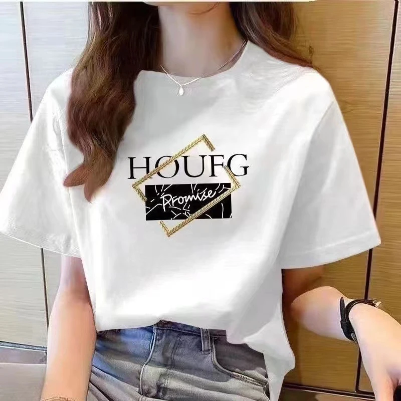 纯棉短袖T恤女2025夏季新款韩版宽松圆领上衣印花百搭大码ins潮