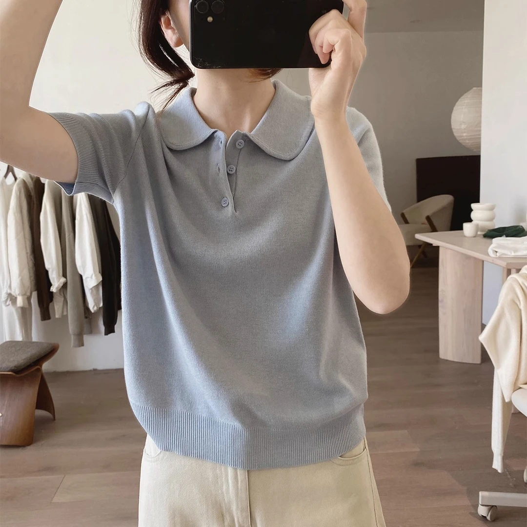 大码娃娃领冰丝短袖T恤女夏季微胖mm宽松显瘦设计感小众减龄上衣