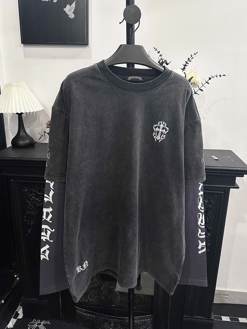 2025年刺绣圆领假两件长袖T恤美式休闲T恤EP2267