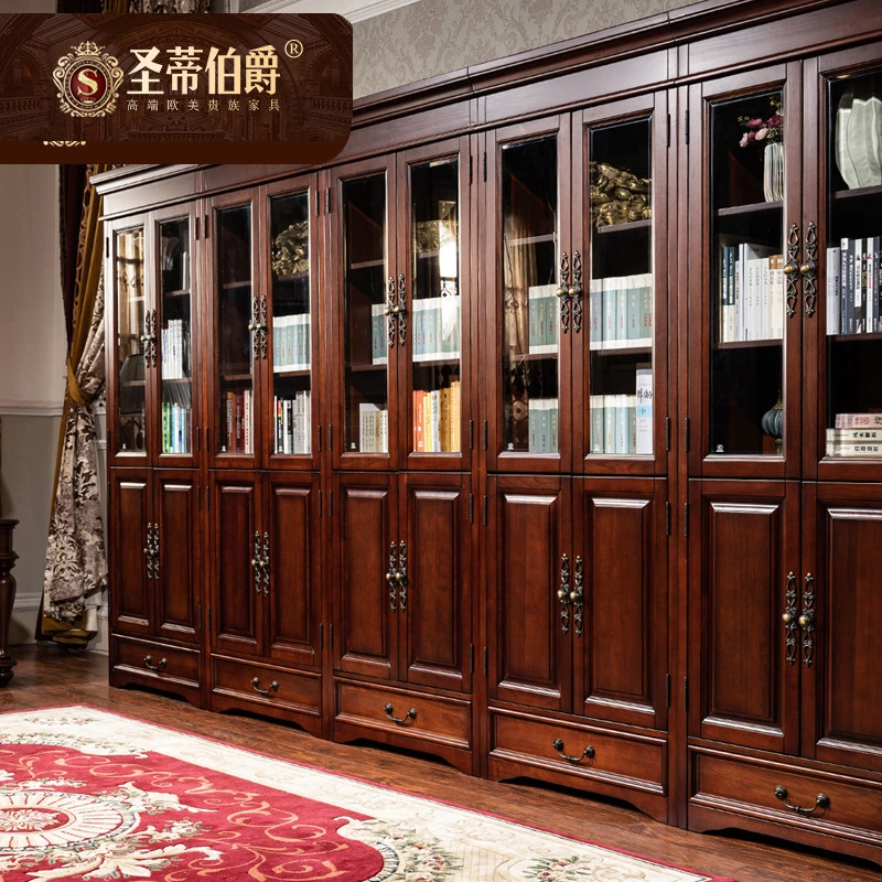 简约美式全实木书柜书房家具置物架乡村落地书橱带玻璃带指纹锁