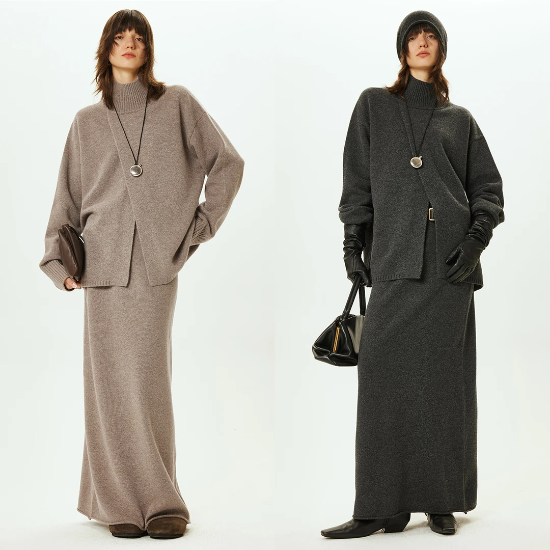 开间/高克重澳洲極细荃羊毛温暖极简斜门襟高领毛衣卷边半裙套装