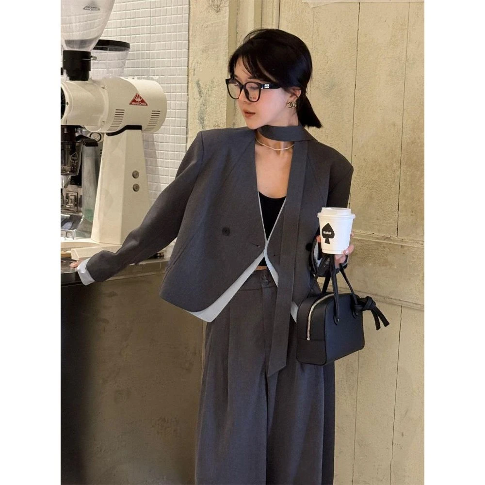 通勤风西装套装拼接衬衫带飘带西装外套+直筒宽松长裤两件套女