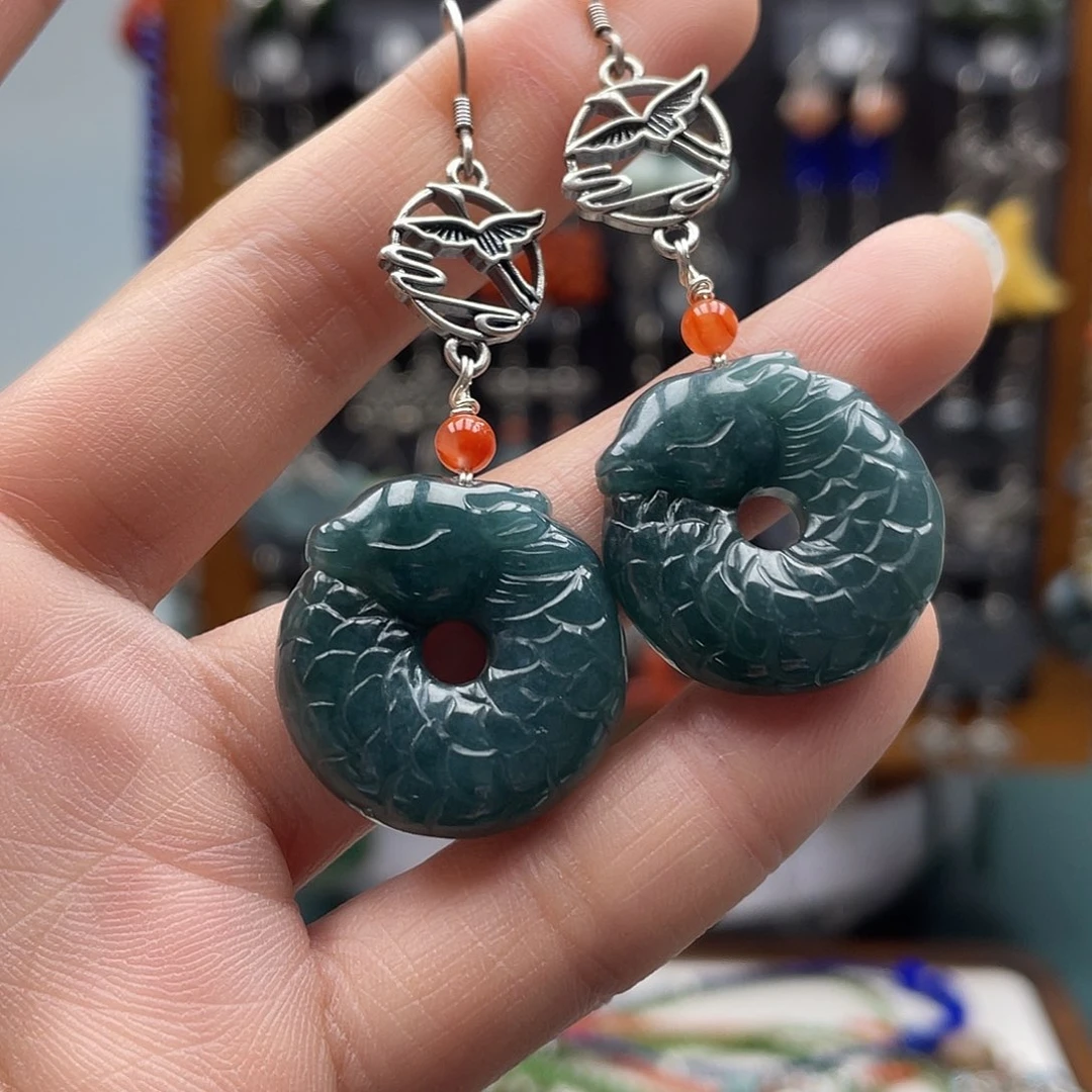 翡翠耳饰银S925镶嵌饰品