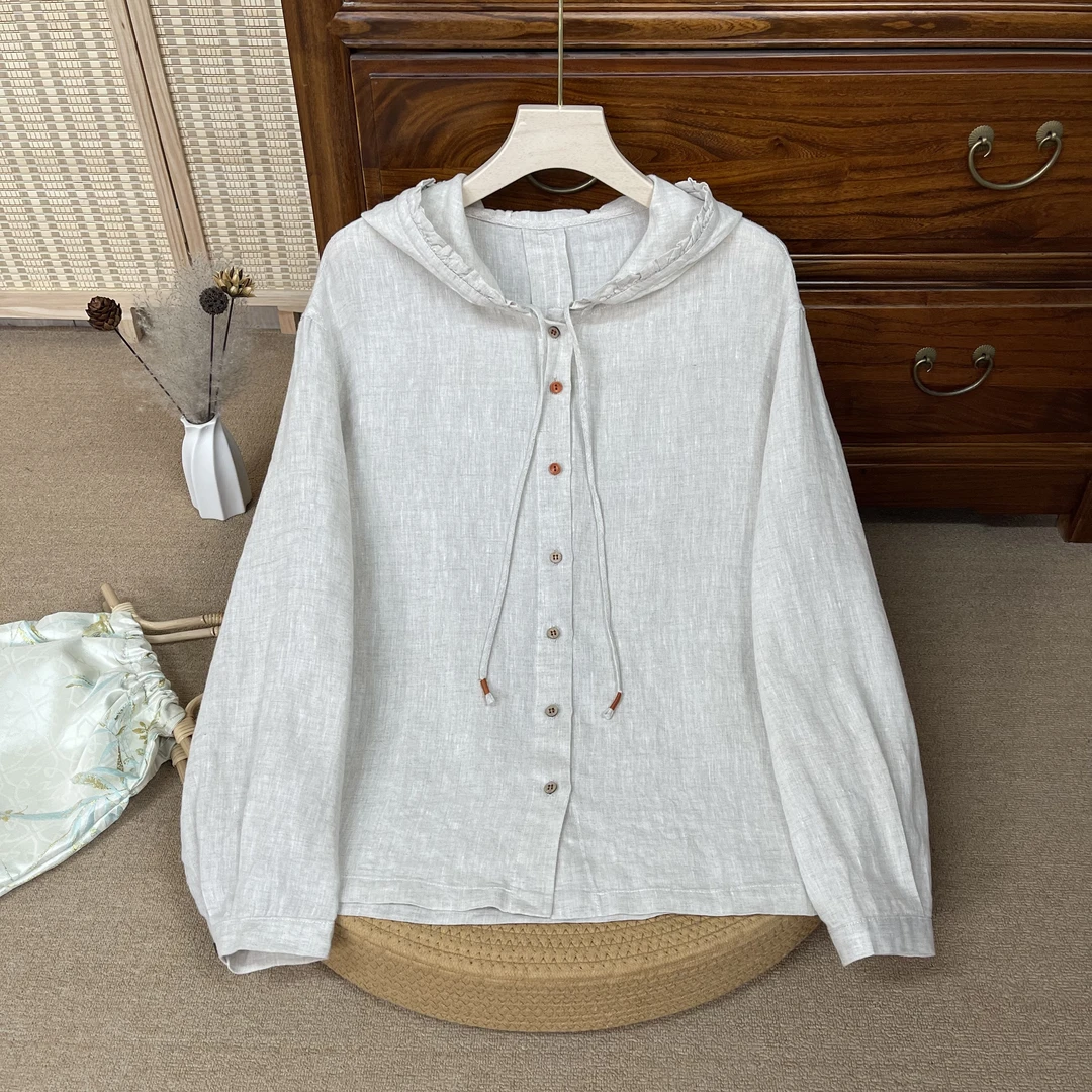 【兮】夏100汉麻木耳花边连帽防晒衫休闲百搭长袖气质显瘦衣  31501