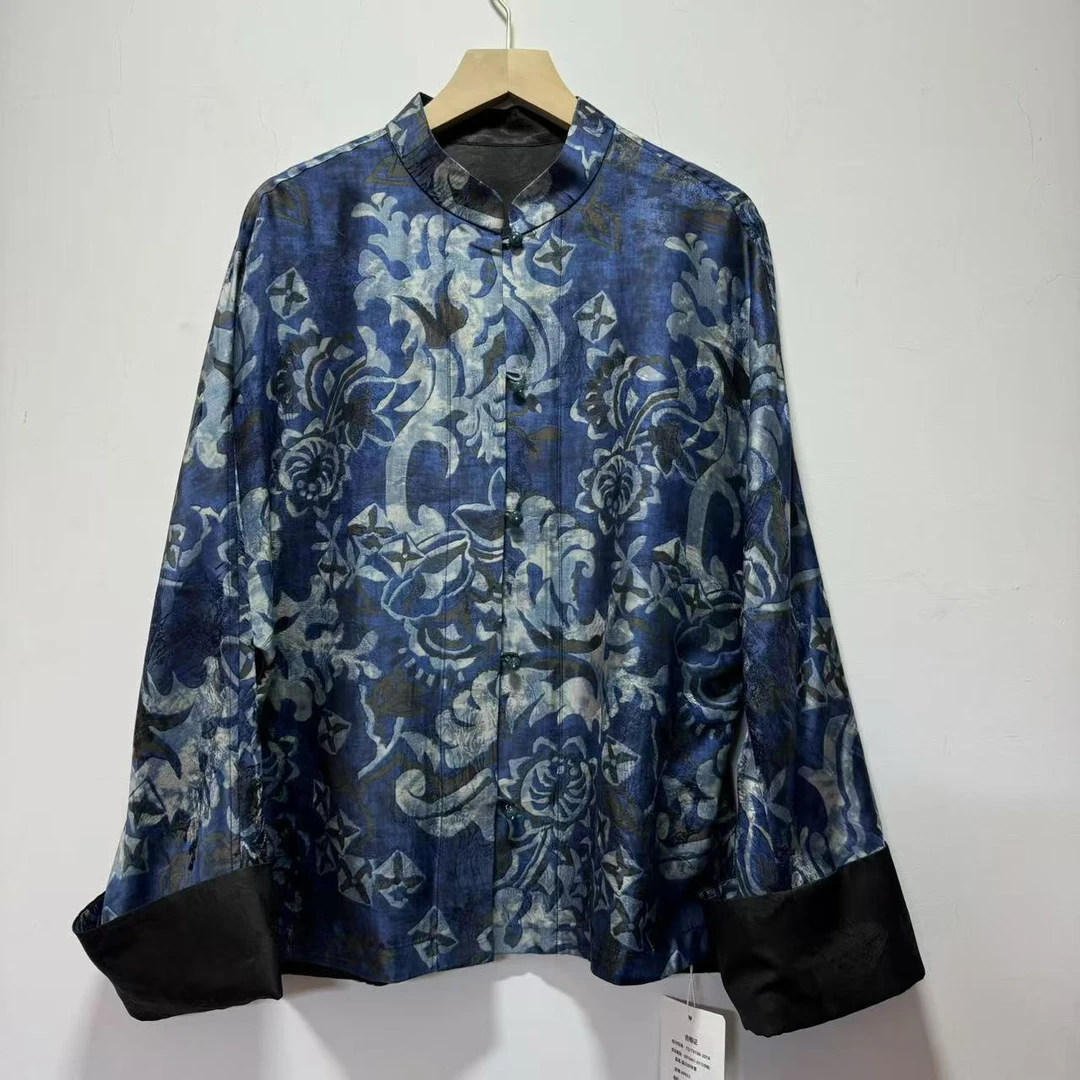 卡89933两面两穿立领提花上衣复古印花白新中式国风衬衣衬衫