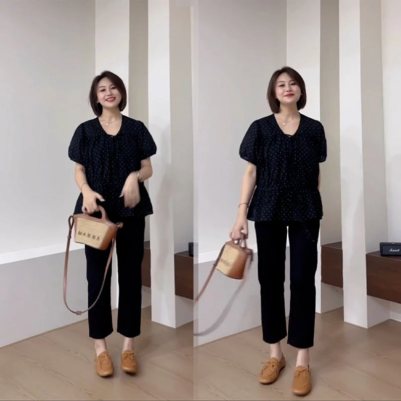 2025夏季洋气小个子微胖显瘦宽松波点衬衫女显瘦九分裤休闲一整套
