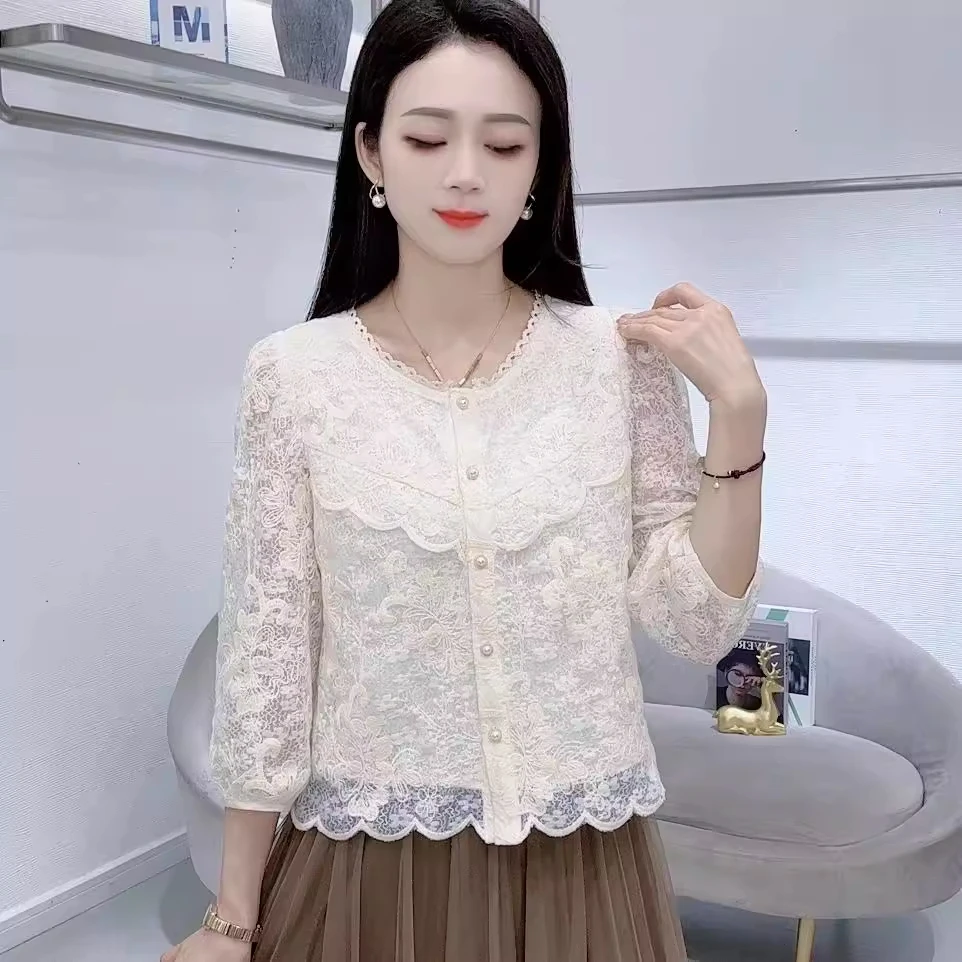 拉夏贝尔法式气质七分袖蕾丝衫春秋新款小衫宽松显瘦甜美百搭上衣