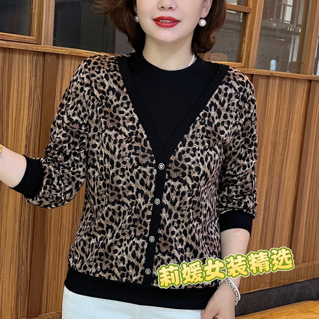 秋季新款时尚圆领豹纹气质假两件妈妈装休闲宽松百搭长袖 A6608-3