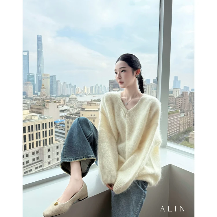 阿琳ALIN【云茸】秋冬百分百绵羊毛针织衫女V领拉毛宽松毛衣L5PZS15