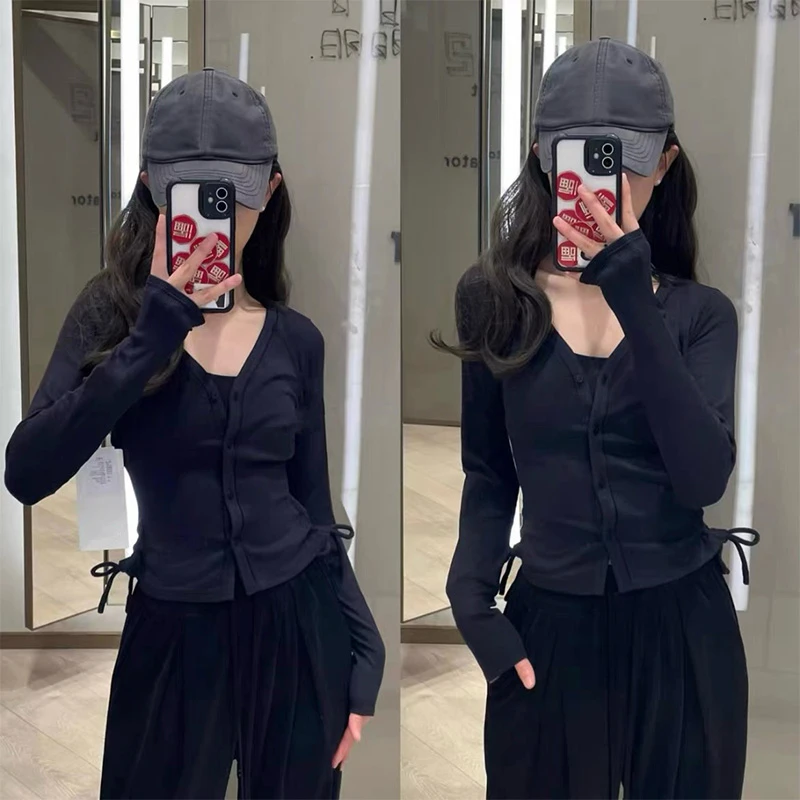 随性美学开衫 黑色 双侧抽绳罗文休闲长袖开衫 5071