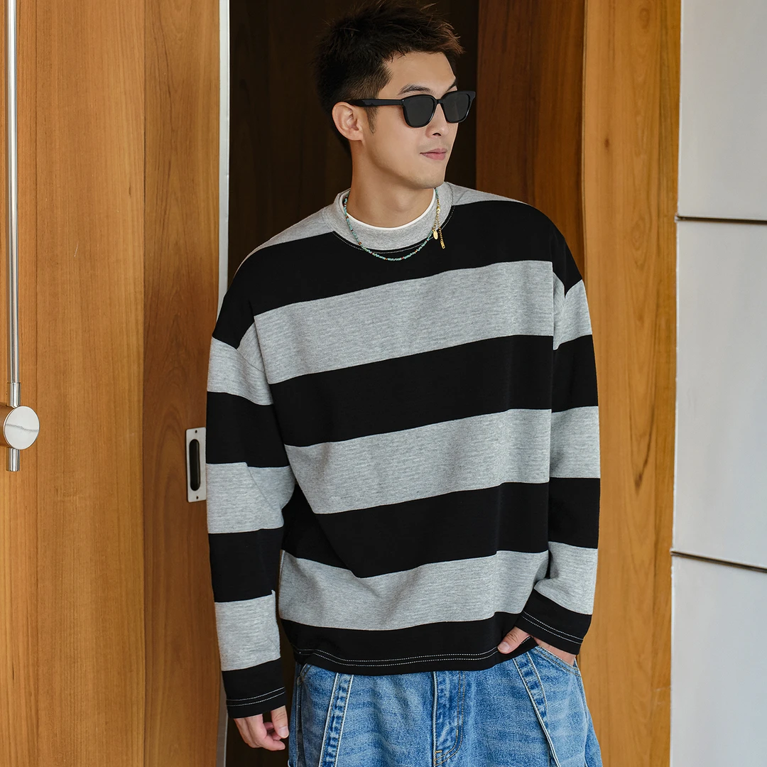 Aft studio【撞色条纹 百搭通勤】美式长袖T恤春秋休闲内搭打底衫