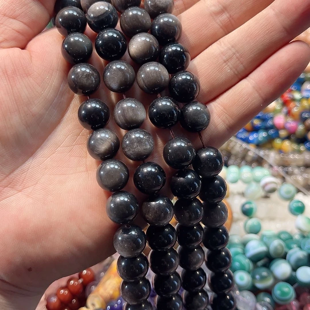 玛瑙/玉髓合金珠宝半成品银曜石12mm一条