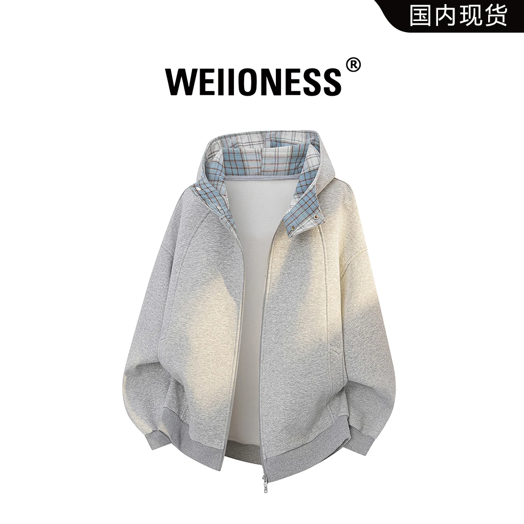 WEIIONESS日系格纹连帽卫衣男秋冬潮流运动外套休闲轻奢百搭上衣
