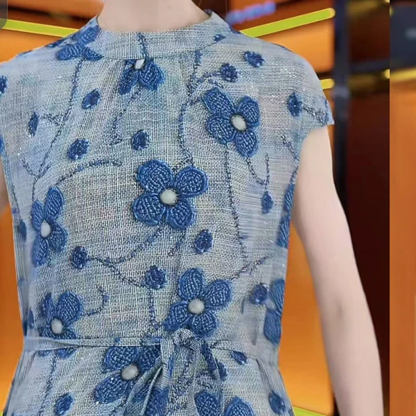 中长裙旗袍静奢风连衣裙蓝色夏季网红时尚宽松腰百搭蕾丝气质牛仔