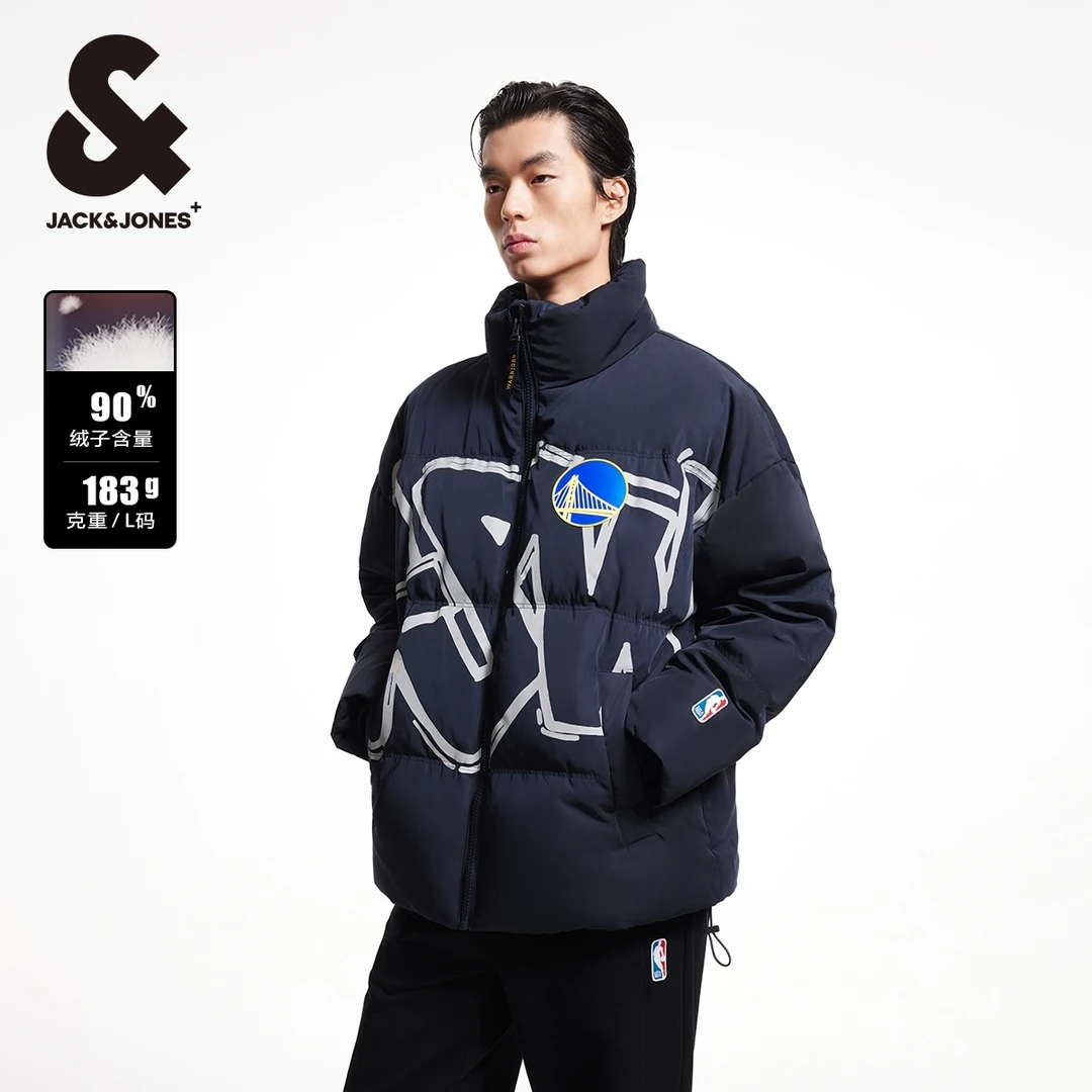 杰克琼斯冬季新款NBA联名勇士队休闲百搭贴布立领保暖羽绒服男装