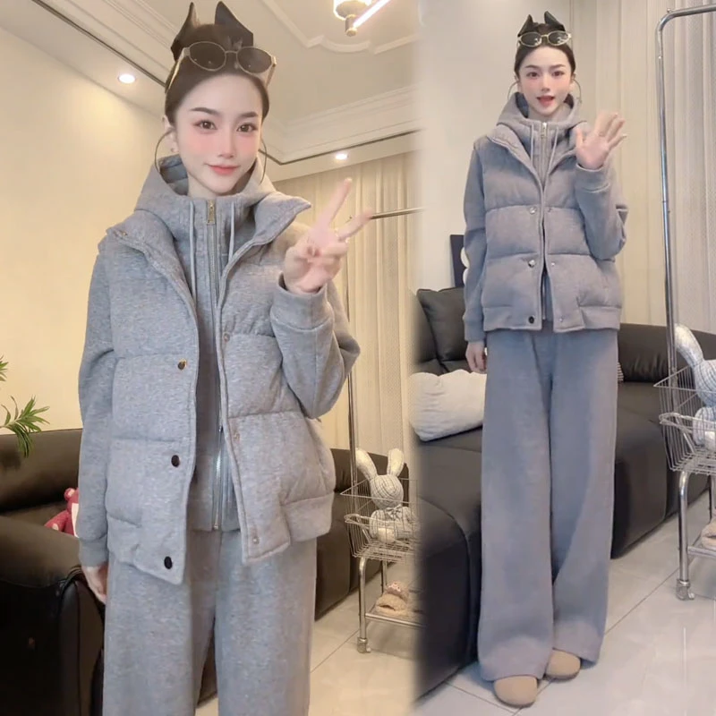2025冬季新款时尚休闲套装女洋气棉马甲加绒连帽卫衣阔腿裤三件套